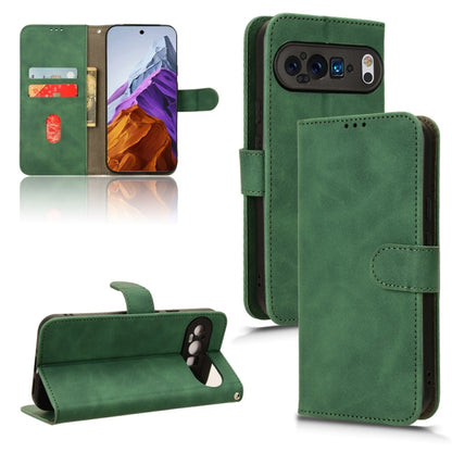 Green leather flip phone case with magnetic closure and card slots.