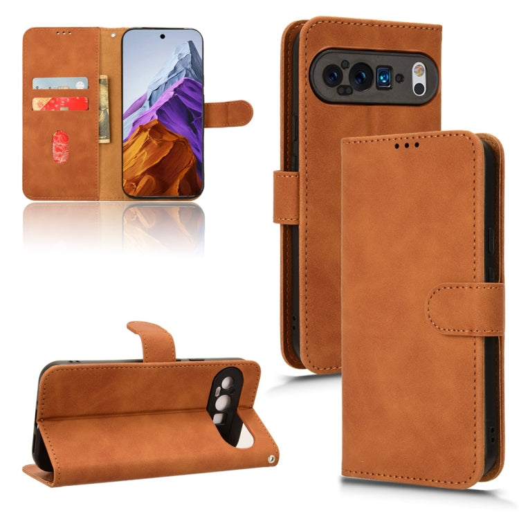 Brown leather flip phone case with magnetic closure and card slots.