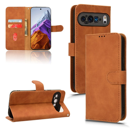 Brown leather flip phone case with magnetic closure and card slots.