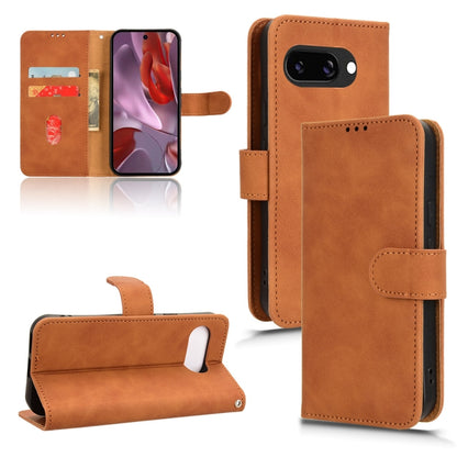 Brown leather flip phone case with magnetic closure and card slots.