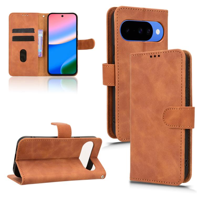 Brown magnetic flip leather phone case with stitched panel design and camera opening
