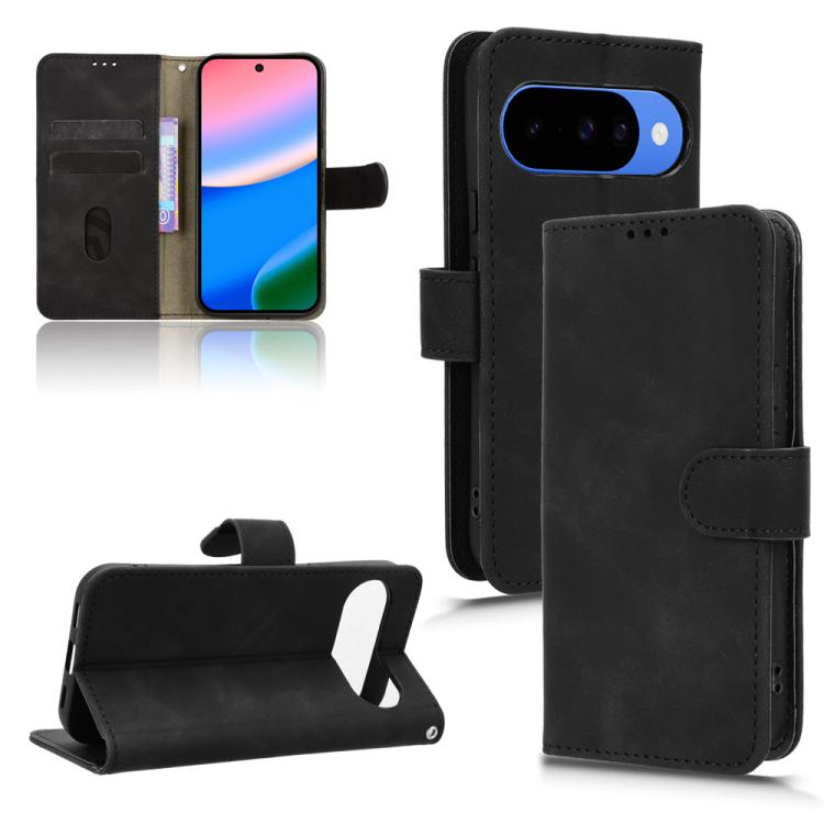 Magnetic flip leather phone case, black, shown closed with camera cutout; for Google Pixel