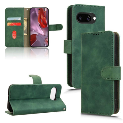 Magnetic flip leather phone case, green, shown closed with camera cutout; for Google Pixel