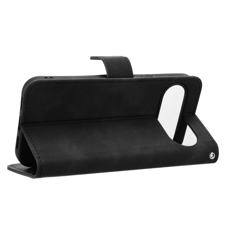 Black magnetic leather flip phone case with folding kickstand and viewing cutout