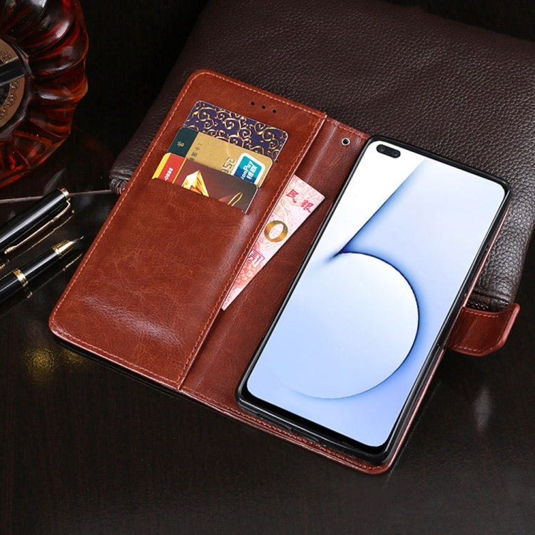 Red leather wallet phone case opened with card slots and phone holder