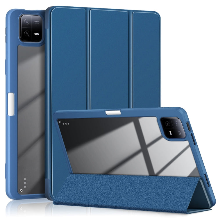 Blue 3-fold smart tablet case with open stand and textured front flap