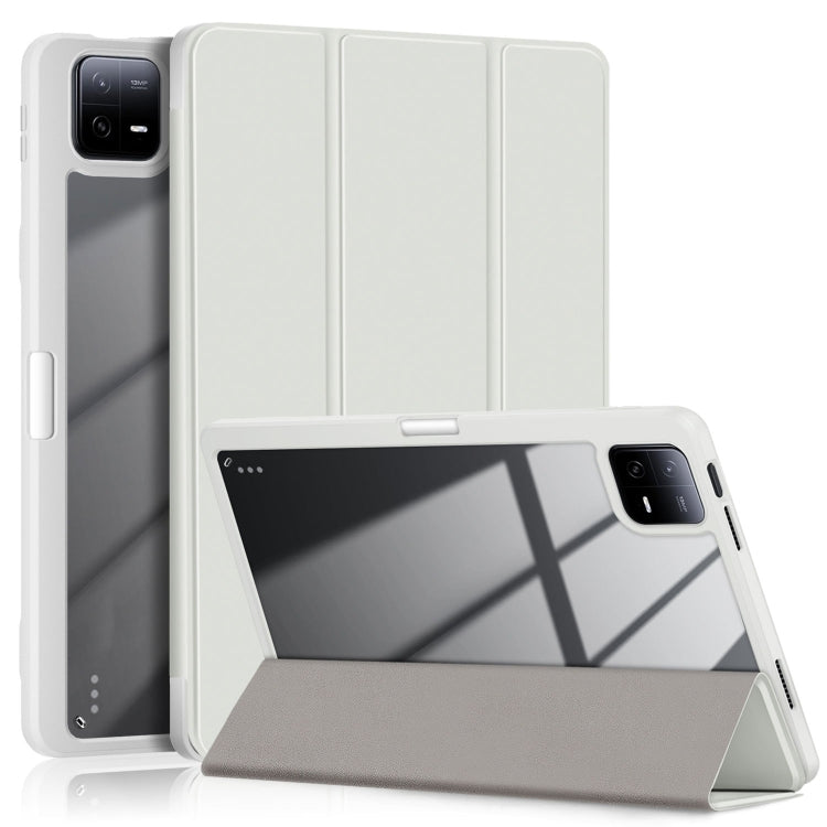 Light grey 3-fold smart tablet case with open stand and textured front flap