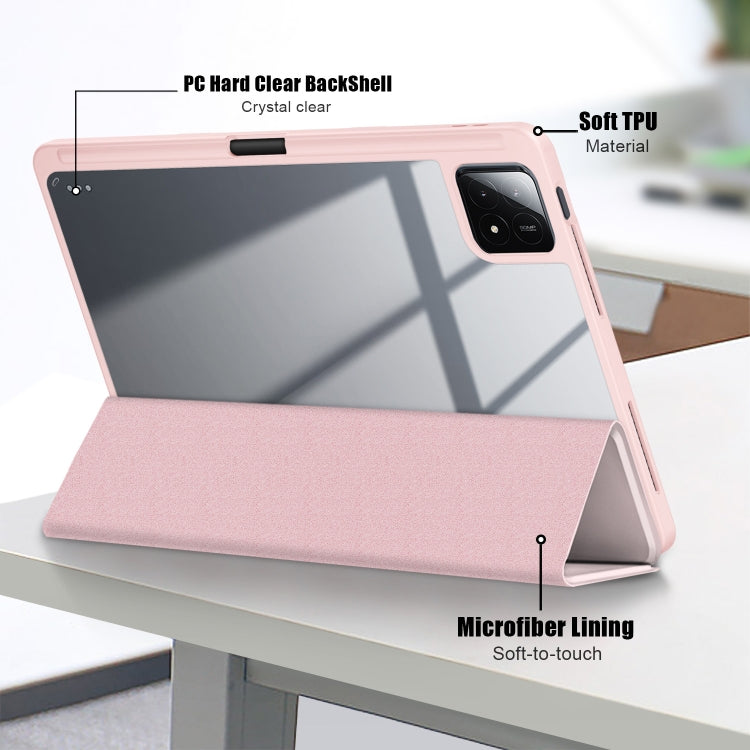 Pink 3-fold tablet case showing clear hard back shell and soft lining