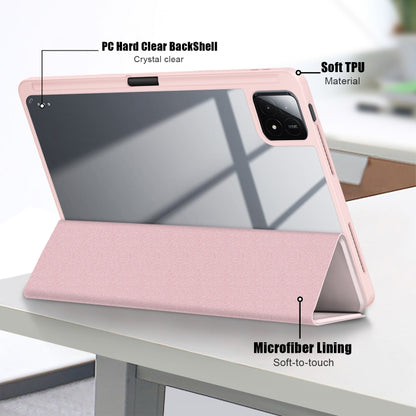 Pink 3-fold tablet case showing clear hard back shell and soft lining