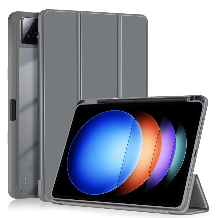 Grey 3-fold smart tablet case with tri-panel cover and standing support