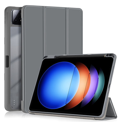Grey 3-fold smart tablet case with tri-panel cover and standing support