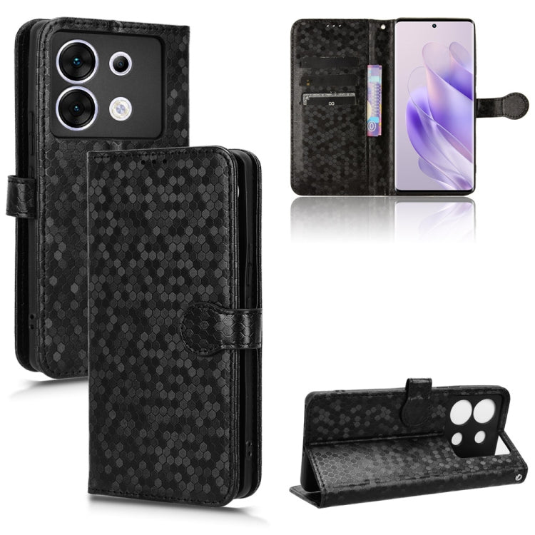 Honeycomb dot leather phone case, black folio with magnetic flap and card slots