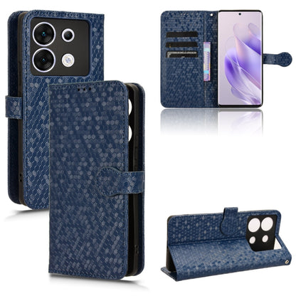 Honeycomb dot leather phone case, blue folio with magnetic flap and card slots