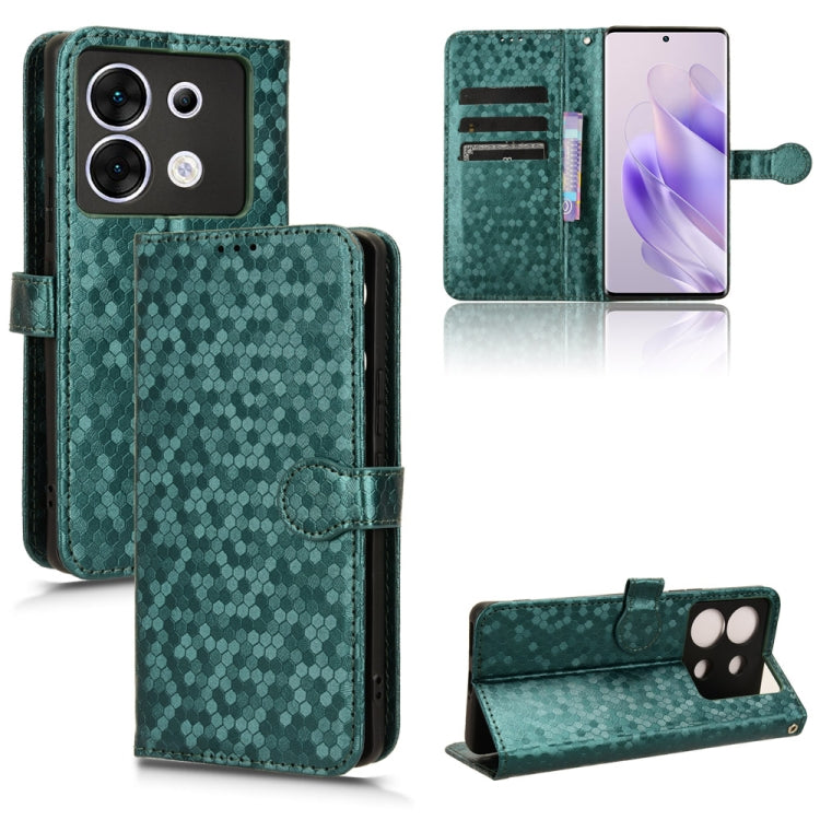 Honeycomb dot leather phone case, green folio with magnetic flap and card slots