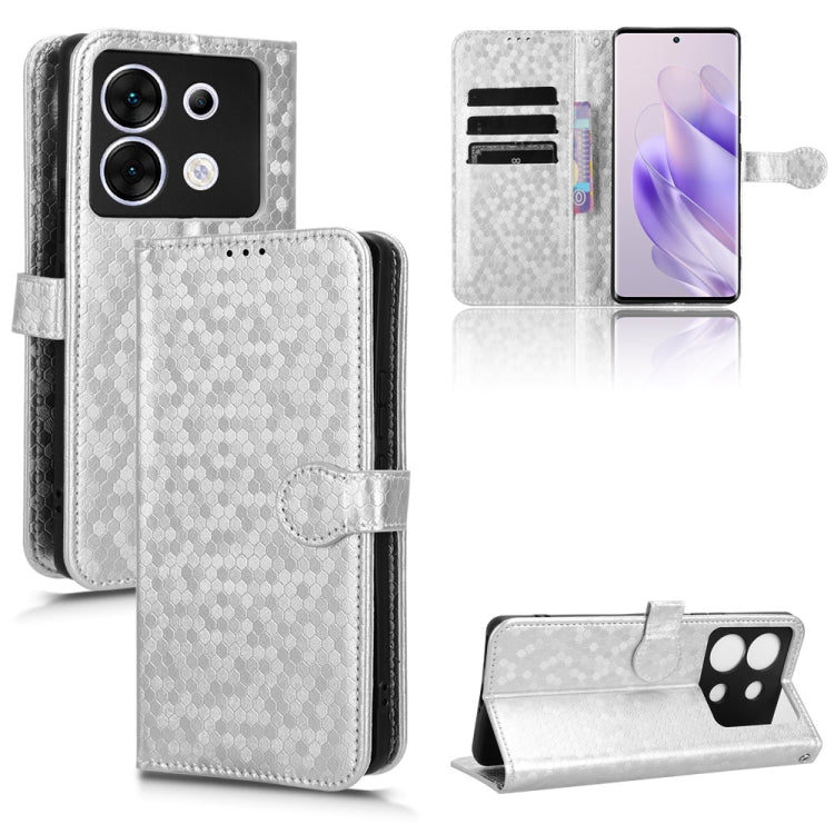 Honeycomb dot leather phone case, silver folio with magnetic flap and card slots
