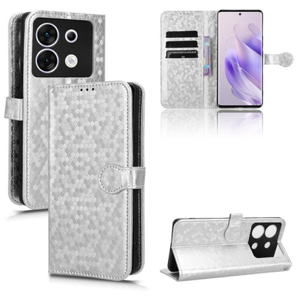 Honeycomb dot leather phone case, silver folio with magnetic flap and card slots