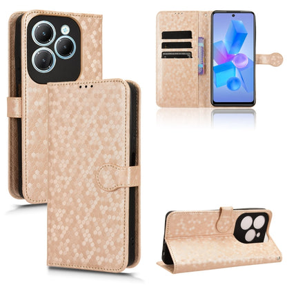 Honeycomb dot leather phone case with magnetic folio, gold-tone.
