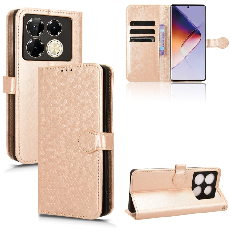 Gold leather phone case with honeycomb dots, flip wallet cover, card slots, stand, camera cutout