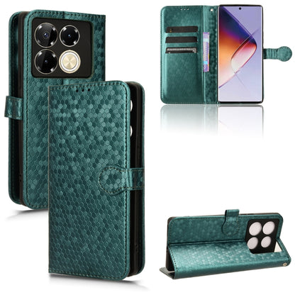 Green leather phone case with honeycomb dots, flip wallet cover, card slots, stand, camera cutout
