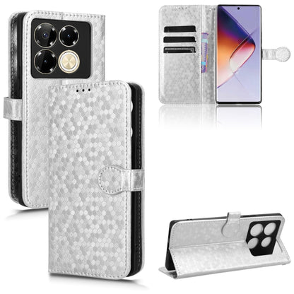 Honeycomb dot leather phone case with magnetic folio, silver-white.