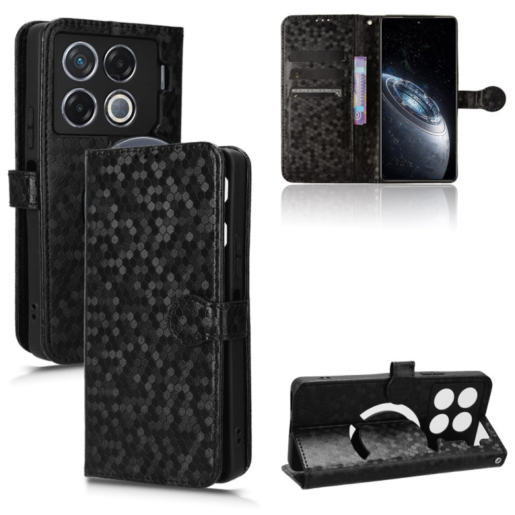 Black leather phone case with honeycomb dots, flip wallet cover, card slots, stand, camera cutout