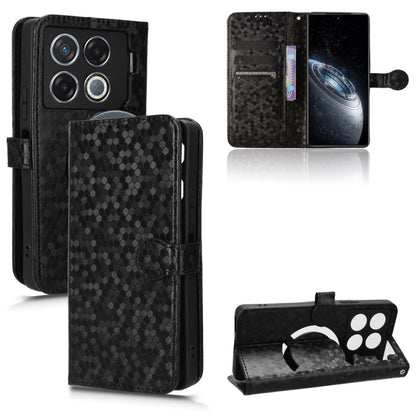 Black leather phone case with honeycomb dots, flip wallet cover, card slots, stand, camera cutout