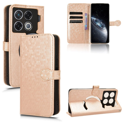Gold leather phone case with honeycomb dots, flip wallet cover, card slots, stand, camera cutout
