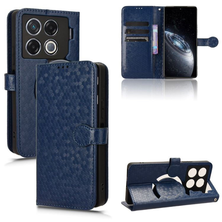 Blue leather phone case with honeycomb dots, flip wallet cover, card slots, stand, camera cutout