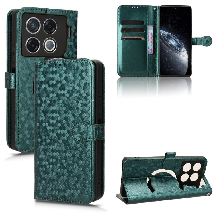 Green leather phone case with honeycomb dots, flip wallet cover, card slots, stand, camera cutout