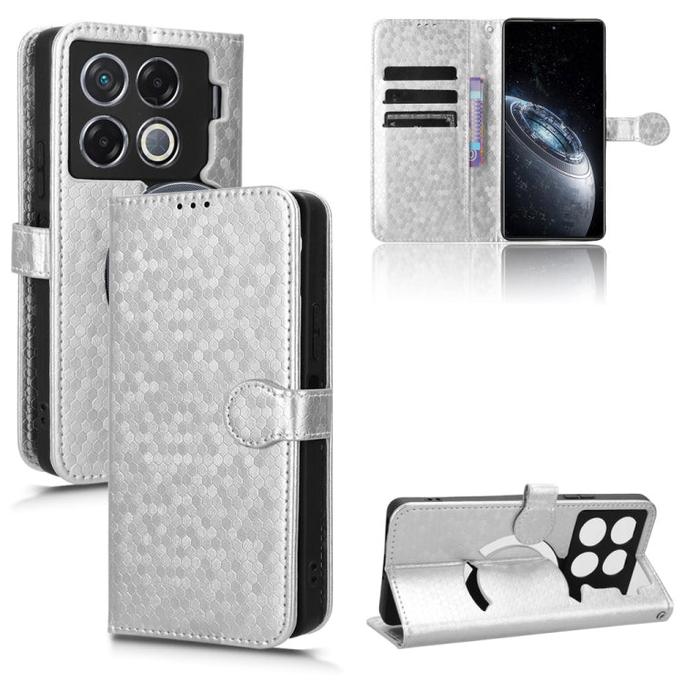 Silver honeycomb dot leather wallet phone case with magnetic strap and flip cover
