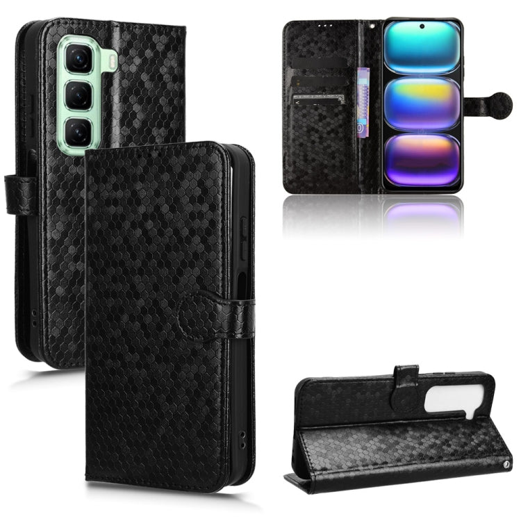Black honeycomb-dot leather wallet phone case with magnetic flap and card holder slots