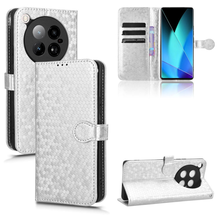 Silver leather phone case with honeycomb dots, flip cover, card slots, stand, camera cutout