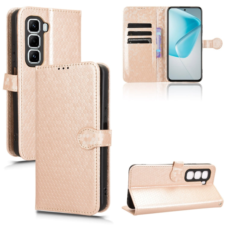 Beige honeycomb dot leather phone case with flip cover, card slots, and wrist strap