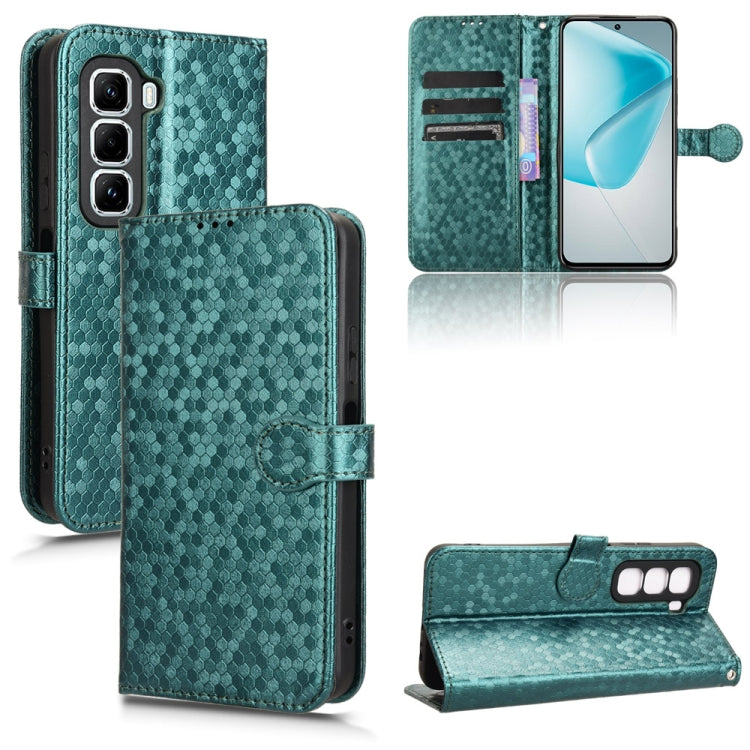 Teal honeycomb dot leather phone case with flip cover, card slots, and wrist strap