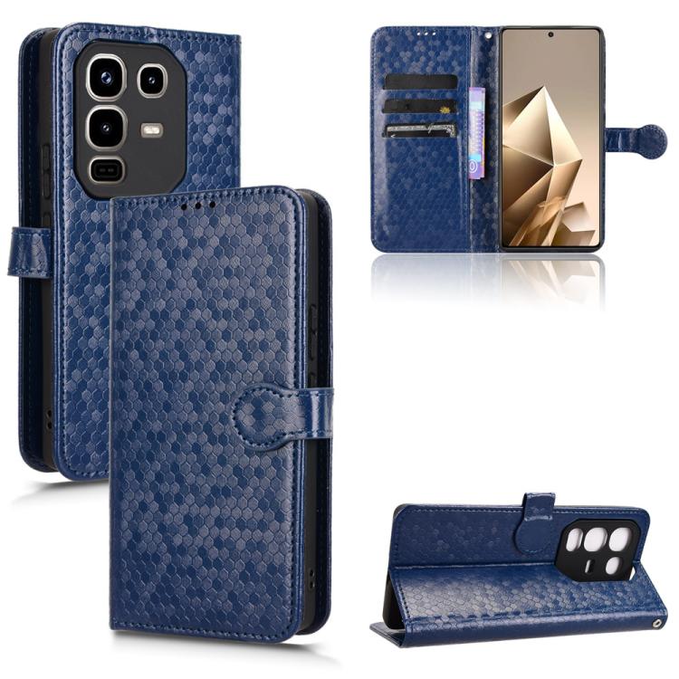 Honeycomb dot leather phone case with flip cover and card slots, dark blue with snap strap