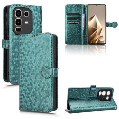 Honeycomb dot leather phone case with flip cover and card slots, teal green with front latch
