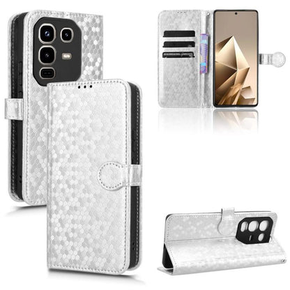 Honeycomb dot leather phone case with flip cover and card slots, silver white with snap closure