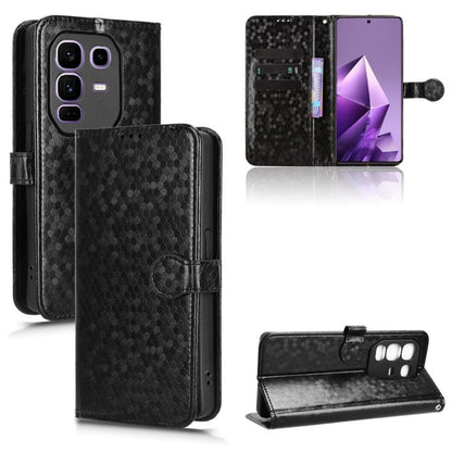 Honeycomb dot leather phone case with flip cover and card slots, black with heart clasp