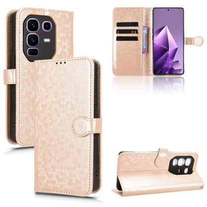 Honeycomb dot leather phone case with flip cover and card slots, light gold with strap