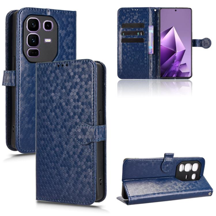 Honeycomb dot leather phone case with flip cover and card slots, blue with snap strap