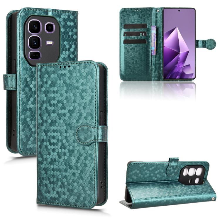 Honeycomb dot leather phone case with flip cover and card slots, teal green with heart clasp