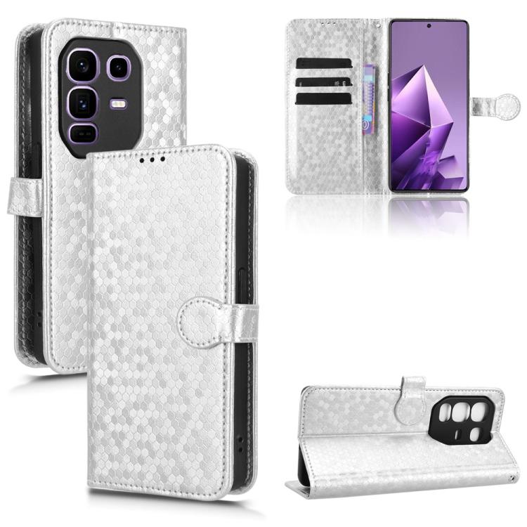 Honeycomb dot leather phone case with flip cover and card slots, white with snap closure
