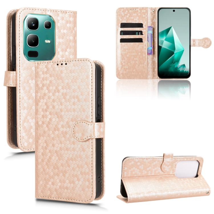 Light beige/gold honeycomb dot texture leather flip phone case with card slots