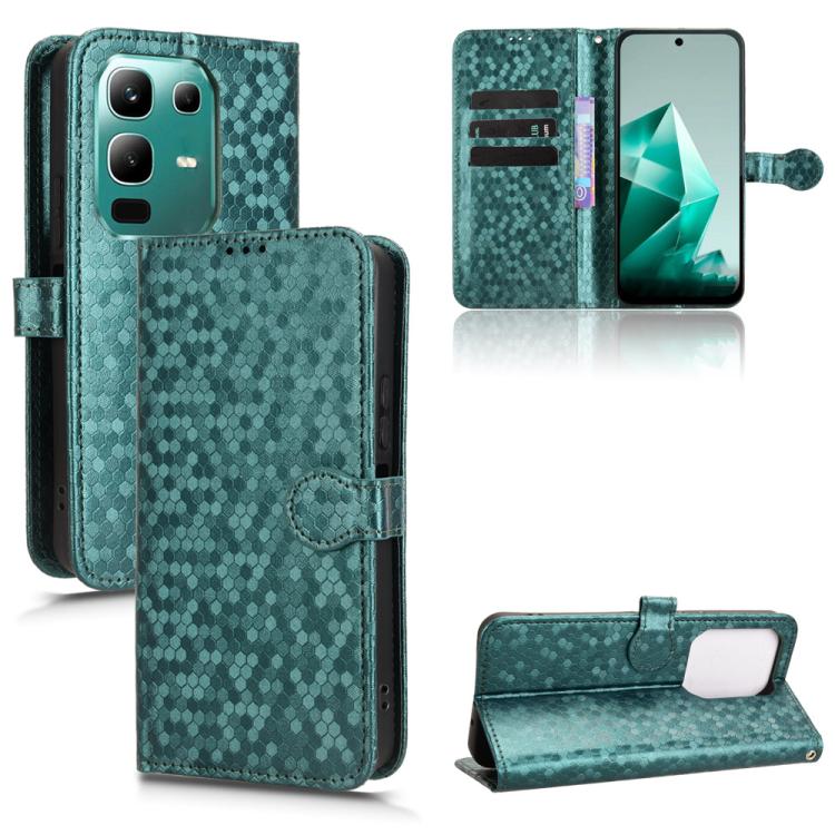 Teal green honeycomb dot texture leather flip phone case with card slots and magnetic closure