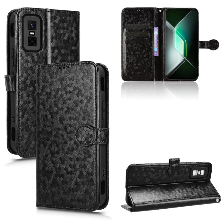 Black honeycomb dot texture leather flip phone case with card slots and wrist strap