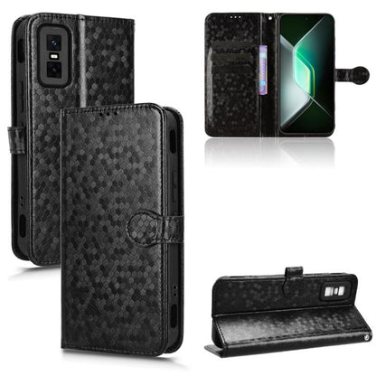 Black honeycomb dot texture leather flip phone case with card slots and wrist strap