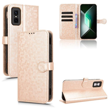 Beige/gold honeycomb dot texture leather flip phone case with card slots