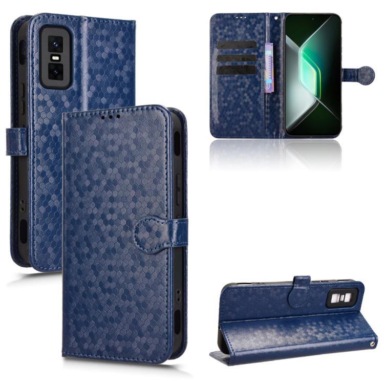 Blue honeycomb dot texture leather flip phone case with card slots and side button cutouts