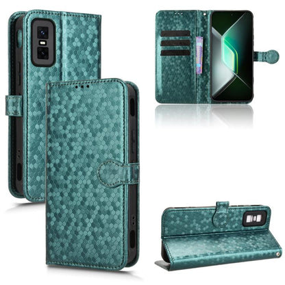 Green honeycomb dot texture leather flip phone case with card slots and magnetic flap