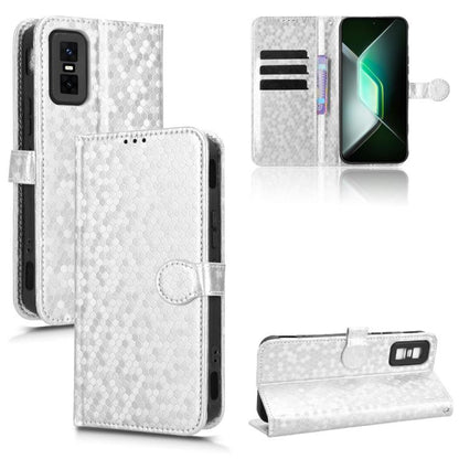 White honeycomb dot texture leather flip phone case with card slots and kickstand